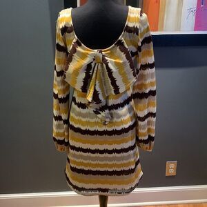 Va Va brown/gold/tan/cream/metallic silver bow back  stretch knit midi. New. Sm